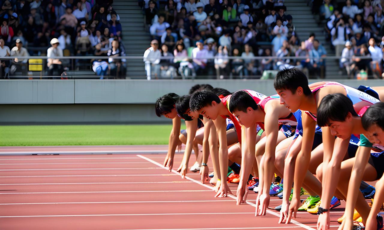 兵庫県の陸上競技場でスタートラインに並ぶ選手たちと、観客席から見守る家族